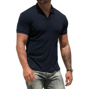 imageNITAGUT Polo Shirts for Men V Neck Slim Fit Short Sleeve Performance Golf Shirt Knit Soft TeesNavy Blue