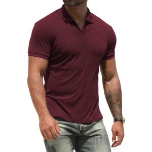 imageNITAGUT Polo Shirts for Men V Neck Slim Fit Short Sleeve Performance Golf Shirt Knit Soft TeesWine Red