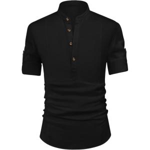 imageNITAGUT Mens Linen Henley Shirt Half Sleeve Beach Yoga Casual Fit Tops