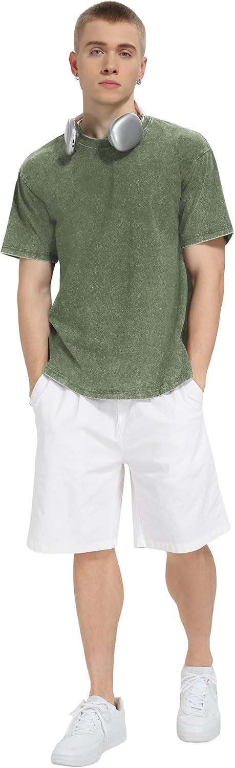imageNITAGUT Mens Oversized Cotton TShirts Vintage Unisex Short Sleeves Loose Streetwear Casual Wash Solid Basic Tops TeeArmy Green