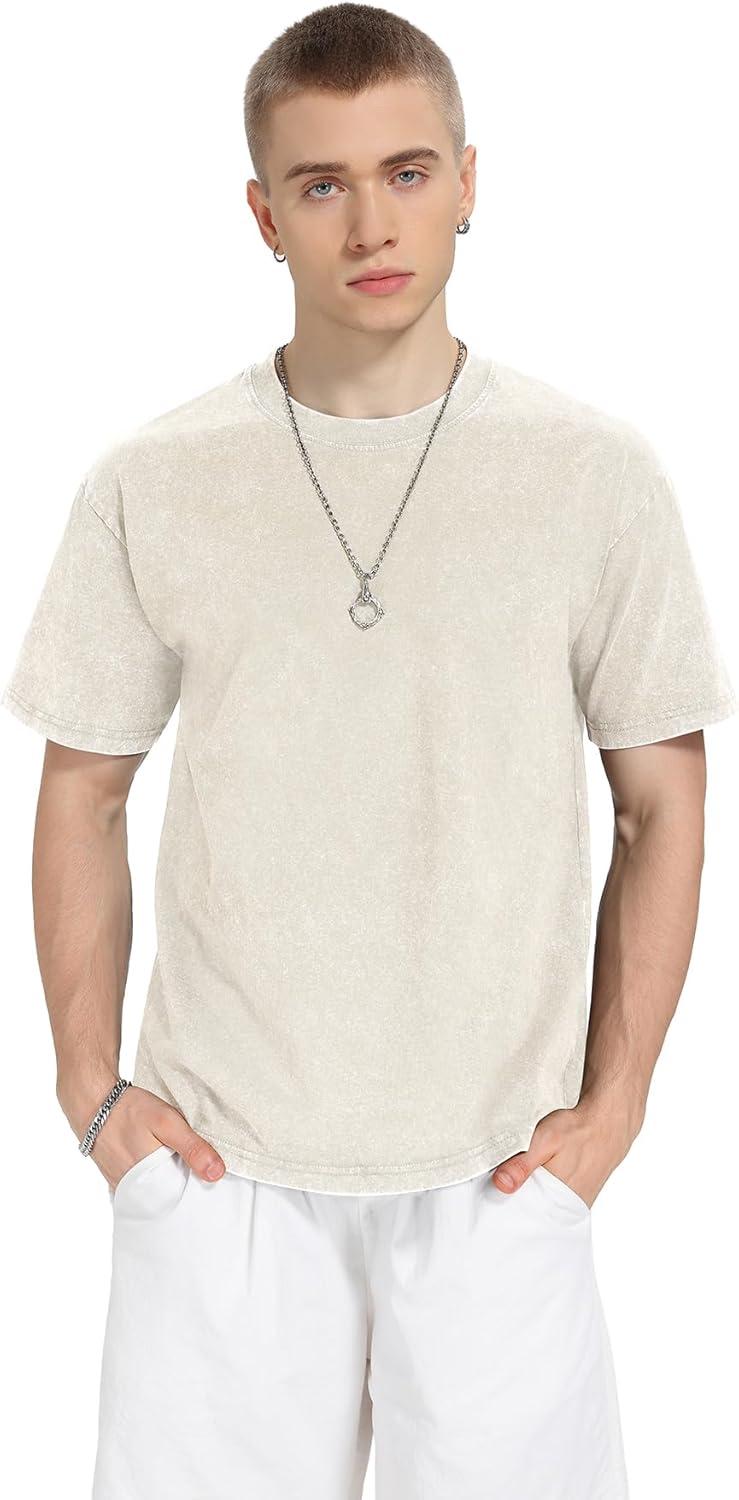 imageNITAGUT Mens Oversized Cotton TShirts Vintage Unisex Short Sleeves Loose Streetwear Casual Wash Solid Basic Tops TeeBeige