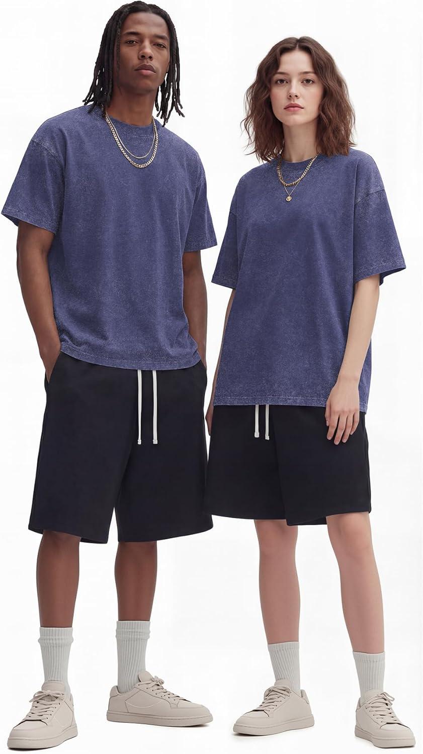 imageNITAGUT Mens Oversized Cotton TShirts Vintage Unisex Short Sleeves Loose Streetwear Casual Wash Solid Basic Tops TeeBlue