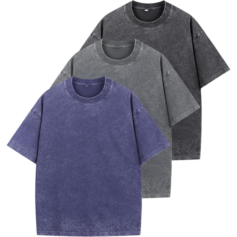 imageNITAGUT Mens Oversized Cotton TShirts Vintage Unisex Short Sleeves Loose Streetwear Casual Wash Solid Basic Tops TeeBlackGrayBlue