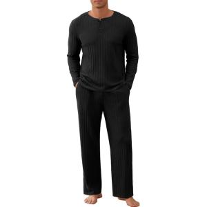 imageNITAGUT Mens Pajama Set Henley Collar Loungewear Long Sleeved Buttoned Sleepwear 2 Piece Pjs with PocketsBlack