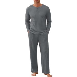 imageNITAGUT Mens Pajama Set Henley Collar Loungewear Long Sleeved Buttoned Sleepwear 2 Piece Pjs with PocketsDark Grey