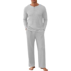 imageNITAGUT Mens Pajama Set Henley Collar Loungewear Long Sleeved Buttoned Sleepwear 2 Piece Pjs with PocketsGrey