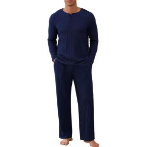 imageNITAGUT Mens Pajama Set Henley Collar Loungewear Long Sleeved Buttoned Sleepwear 2 Piece Pjs with PocketsNavy Blue