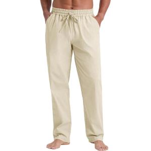 imageNITAGUT Mens Linen Pants Casual Elastic Waist Drawstring Lightweight Summer Beach Trousers with PocketsBeige