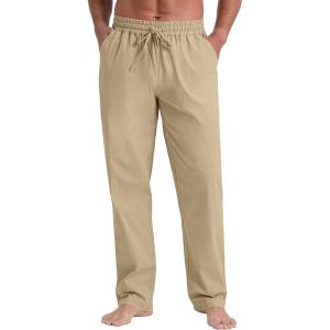imageNITAGUT Mens Linen Pants Casual Elastic Waist Drawstring Lightweight Summer Beach Trousers with PocketsKhaki