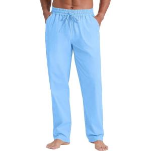 imageNITAGUT Mens Linen Pants Casual Elastic Waist Drawstring Lightweight Summer Beach Trousers with PocketsLight Blue