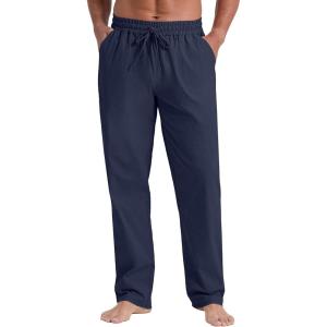 imageNITAGUT Mens Linen Pants Casual Elastic Waist Drawstring Lightweight Summer Beach Trousers with PocketsNavy Blue