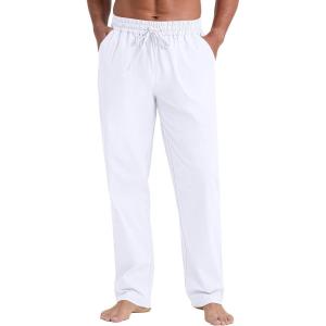 imageNITAGUT Mens Linen Pants Casual Elastic Waist Drawstring Lightweight Summer Beach Trousers with PocketsWhite