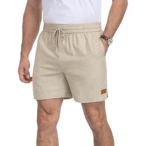 image:imageNITAGUT Mens Casual Cotton Shorts  55 Elastic Waist Drawstring Summer Beach Lightweight Shorts with PocketsBeige