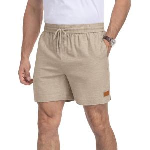 image:imageNITAGUT Mens Casual Cotton Shorts  55 Elastic Waist Drawstring Summer Beach Lightweight Shorts with PocketsKhaki