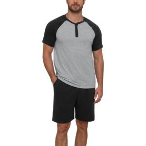 image:imageNITAGUT Mens Pajama Set 2 Piece Henley Sleepwear Lightweight Short Sleeve Loungewear Soft Comfy Sleep Set with ButtonBlack
