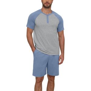 image:imageNITAGUT Mens Pajama Set 2 Piece Henley Sleepwear Lightweight Short Sleeve Loungewear Soft Comfy Sleep Set with ButtonBlue