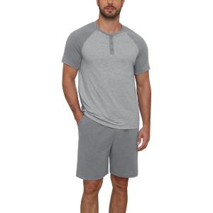 image:imageNITAGUT Mens Pajama Set 2 Piece Henley Sleepwear Lightweight Short Sleeve Loungewear Soft Comfy Sleep Set with ButtonDark Grey