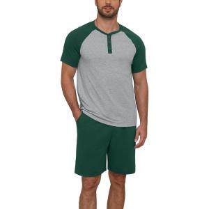 image:imageNITAGUT Mens Pajama Set 2 Piece Henley Sleepwear Lightweight Short Sleeve Loungewear Soft Comfy Sleep Set with ButtonGreen