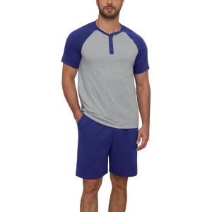 image:imageNITAGUT Mens Pajama Set 2 Piece Henley Sleepwear Lightweight Short Sleeve Loungewear Soft Comfy Sleep Set with ButtonRoyal Blue