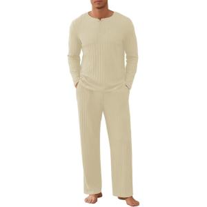 image:imageNITAGUT Mens Pajama Set Henley Collar Loungewear Long Sleeved Buttoned Sleepwear 2 Piece Pjs with PocketsBeige