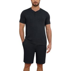 image:imageNITAGUT Mens Summer Pajama Set Lightweight Loungewear Short Sleeve Henley Top amp Sleep Shorts 2 Piece Stretch Lounge SetBlack