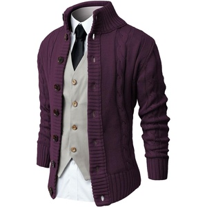 image:imageNITAGUT Mens Long Sleeve Stand Collar Cardigan Sweaters Button Down Cable Knitted SweaterPurple Red