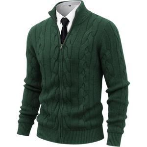 image:imageNITAGUT Mens Full Zip Up Cardigan Sweater Casual Stand Collar Cable Knit Winter SweatersGreen