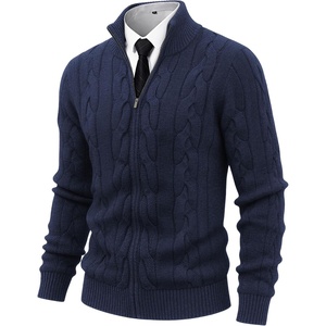 image:imageNITAGUT Mens Full Zip Up Cardigan Sweater Casual Stand Collar Cable Knit Winter SweatersNavy Blue