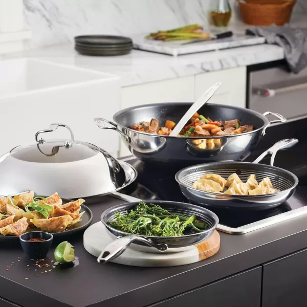 Circulon Clad Stainless Steel Wok/Stir Fry with Glass Lid and Hybrid SteelShield and Nonstick Technology, 14 Inch - Silver)