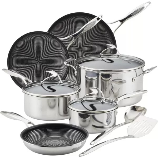 Circulon Clad Stainless Steel Cookware Pots and Pans and Utensil Set with Hybrid SteelShield and Nonstick Technology, 12 Piece - Silver)
