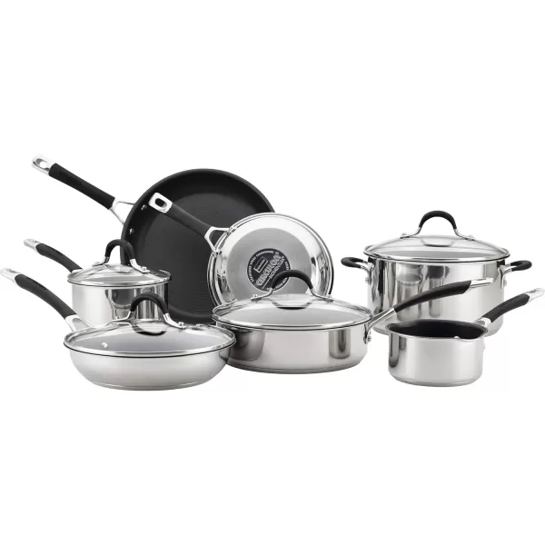 Circulon Momentum Stainless Steel Nonstick Cookware Set with Glass Lids, 11-Piece Pot and Pan Set, Stainless Steel)