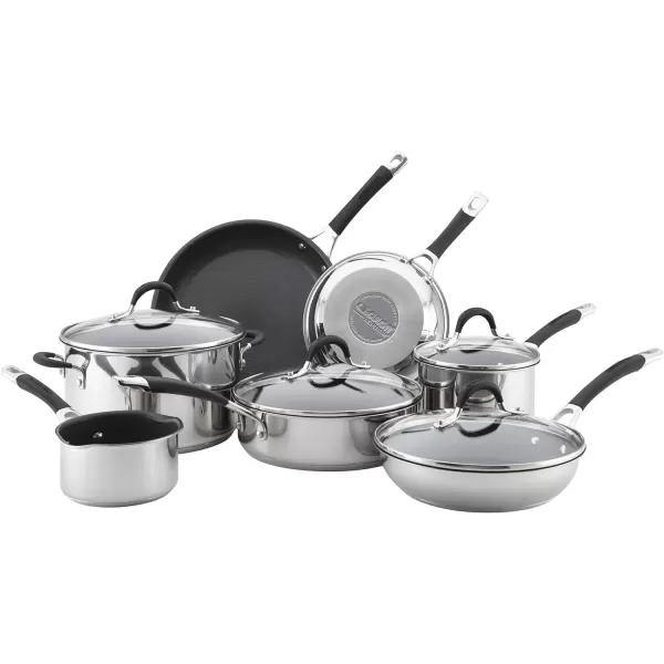 Circulon Momentum Stainless Steel Nonstick Cookware Set with Glass Lids, 11-Piece Pot and Pan Set, Stainless Steel)