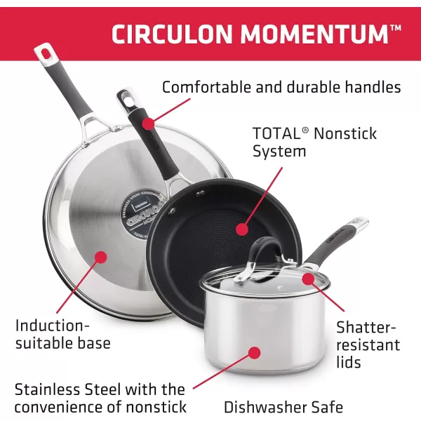 Circulon Momentum Stainless Steel Sauce Pan/Saucepan with Lid, 2 Quart, Silver