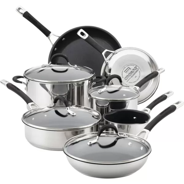 Circulon Momentum Stainless Steel Nonstick Cookware Set with Glass Lids, 11-Piece Pot and Pan Set, Stainless Steel)