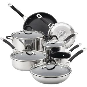 imageCirculon Momentum Stainless Steel Nonstick DishCasserole Pan with Lid 4 Quart SilverCookware Set 11 Piece