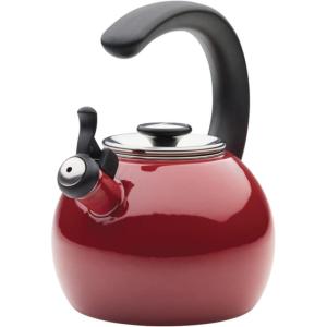 imageCirculon Enamel on Steel Whistling TeakettleTeapot With FlipUp Spout 2 Quart  BlackRed