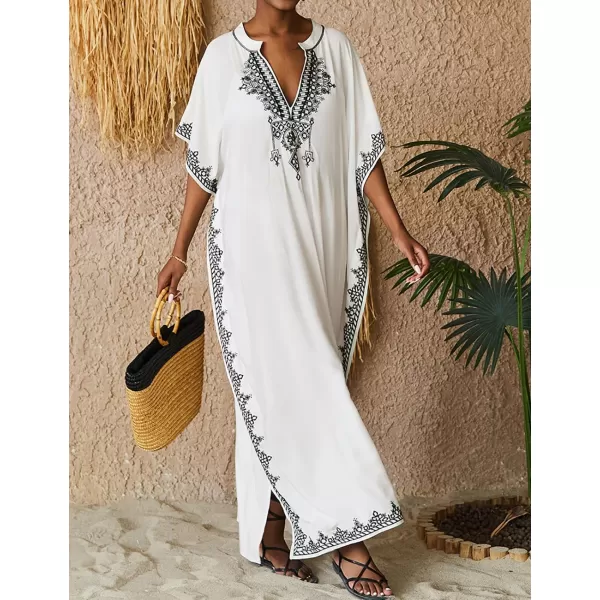 Bsubseach Embroidery Beach Kaftan Dress for Women Short Sleeve Bikini Swimsuit Cover Up