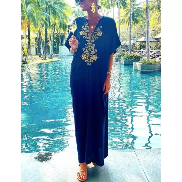Bsubseach Embroidery Beach Kaftan Dress for Women Short Sleeve Bikini Swimsuit Cover Up