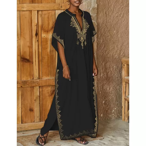 Bsubseach Embroidery Beach Kaftan Dress for Women Short Sleeve Bikini Swimsuit Cover Up