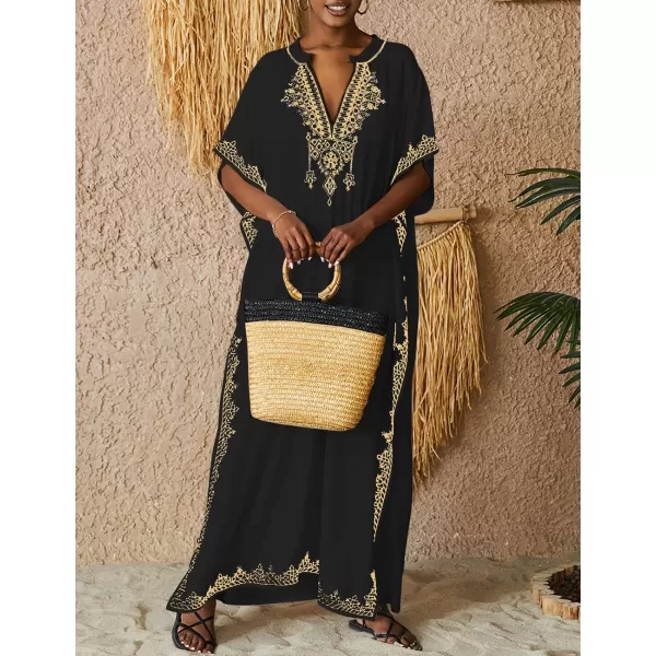 Bsubseach Embroidery Beach Kaftan Dress for Women Short Sleeve Bikini Swimsuit Cover Up