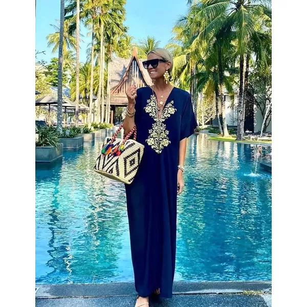 Bsubseach Embroidery Beach Kaftan Dress for Women Short Sleeve Bikini Swimsuit Cover Up
