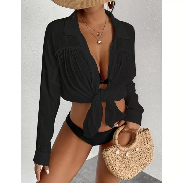 Bsubseach Long Sleeve Cover Up Oversized White Button Down Shirt Women Black Coverup