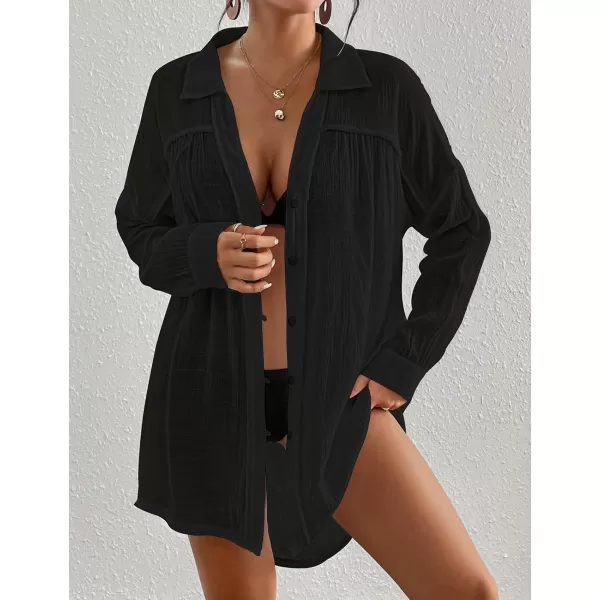Bsubseach Long Sleeve Cover Up Oversized White Button Down Shirt Women Black Coverup