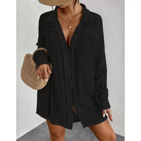 Bsubseach Long Sleeve Cover Up Oversized White Button Down Shirt Women Black Coverup