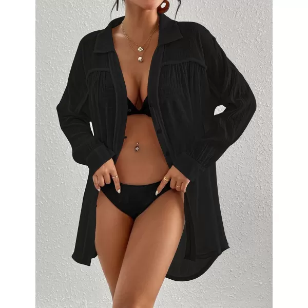 Bsubseach Long Sleeve Cover Up Oversized White Button Down Shirt Women Black Coverup