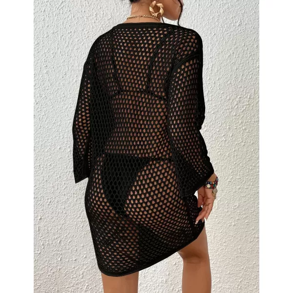 Bsubseach Long Sleeve Crochet Beach Cover Up for Women Hollow Out Bikini Swimsuit Coverup