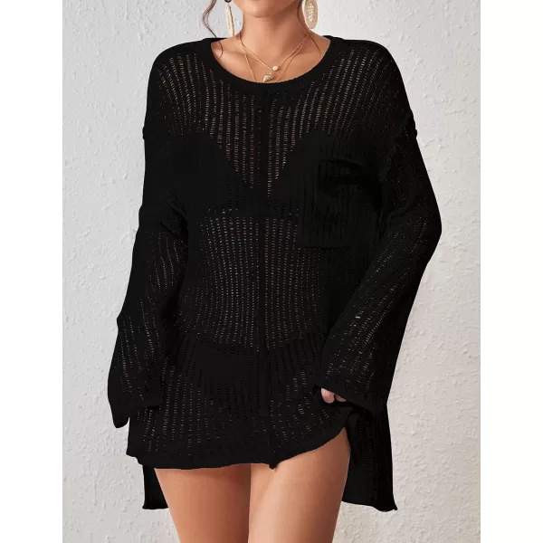 Bsubseach Long Sleeve Crochet Coverups for Women Knitted Bathing Suit Cover Up with Pocket