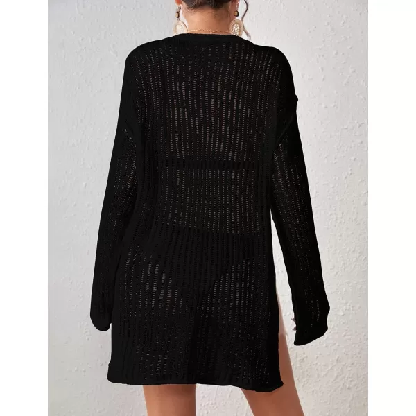 Bsubseach Long Sleeve Crochet Coverups for Women Knitted Bathing Suit Cover Up with Pocket