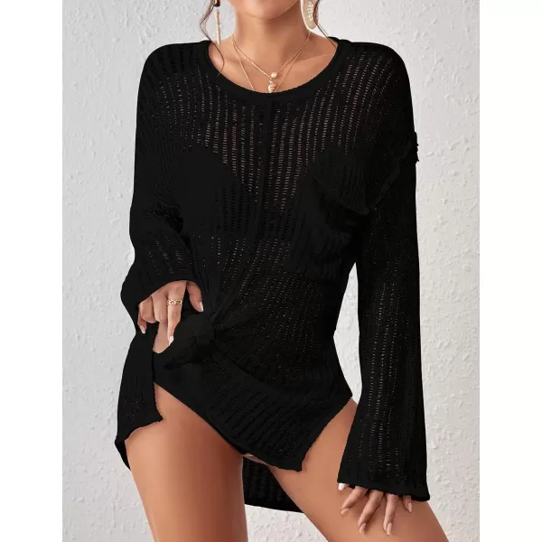 Bsubseach Long Sleeve Crochet Coverups for Women Knitted Bathing Suit Cover Up with Pocket