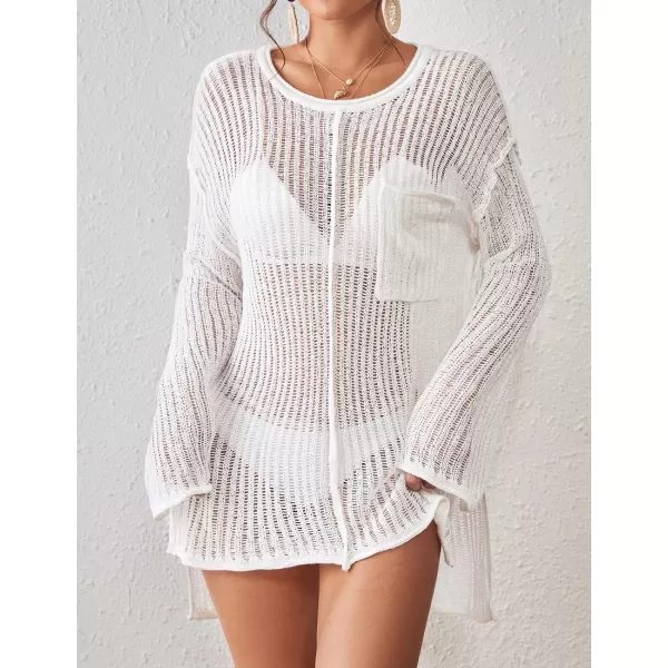 Bsubseach Long Sleeve Crochet Coverups for Women Knitted Bathing Suit Cover Up with Pocket